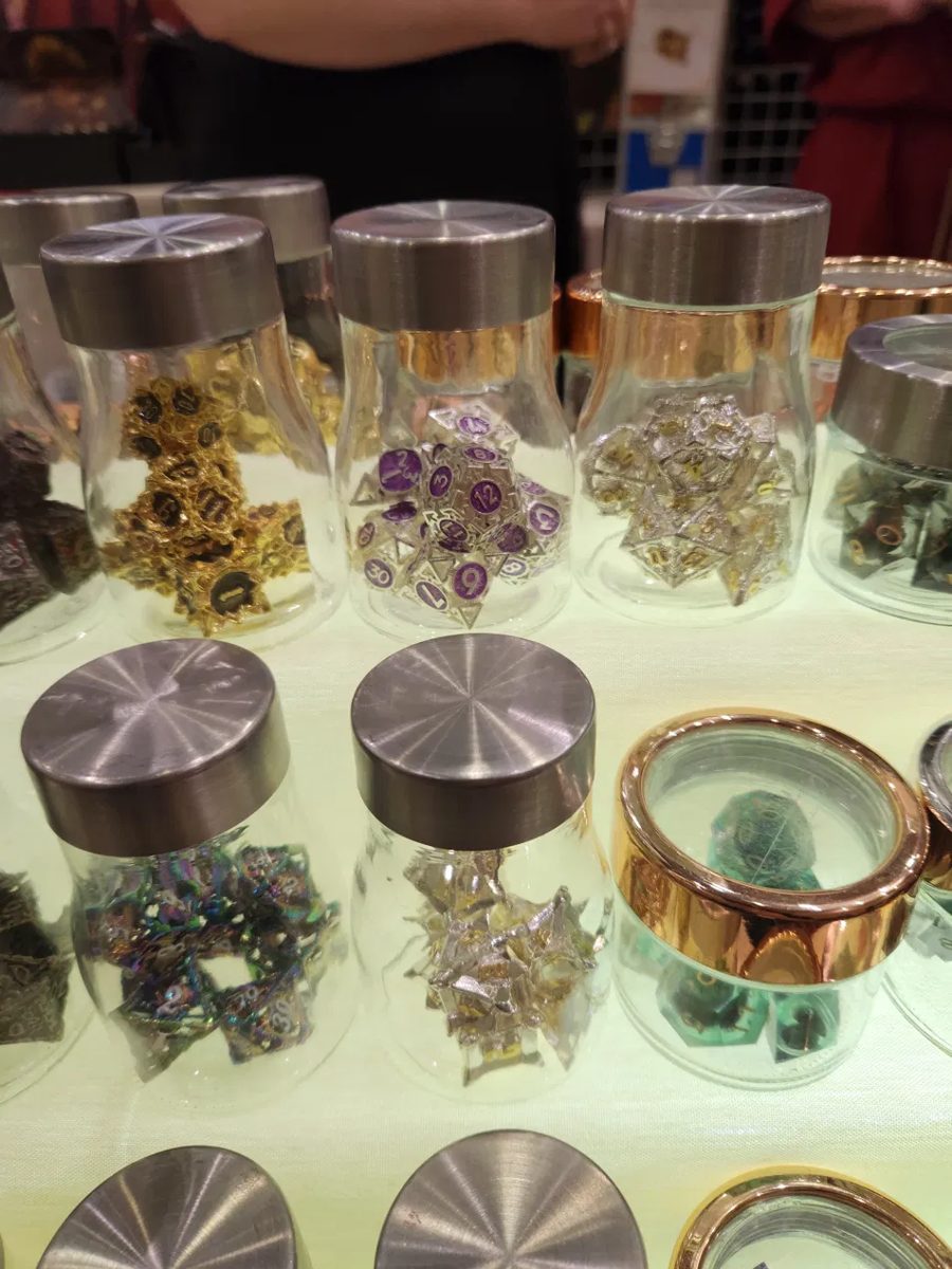 Dice jars on display at SaltCon 2024