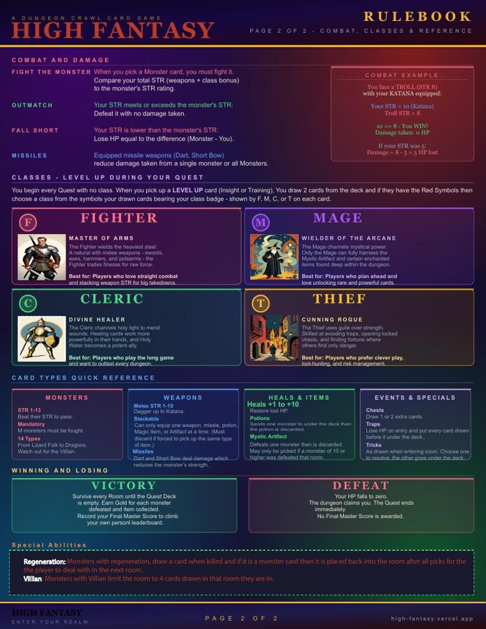 High Fantasy Rulebook page 2 &mdash; combat, classes and reference