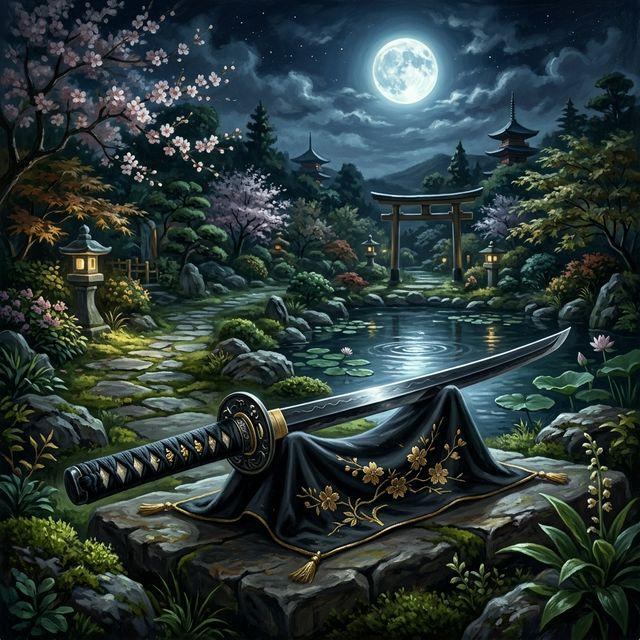Weapon card art — katana in a moonlit garden